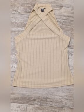 SHEIN Cream Cross-Back Ribbed Halter Top